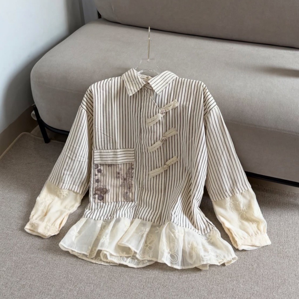 MILEA CHEONGSAM BLOUSE | Blouse wanita | Blouse lace | Blouse stripe | Cheongsam blouse