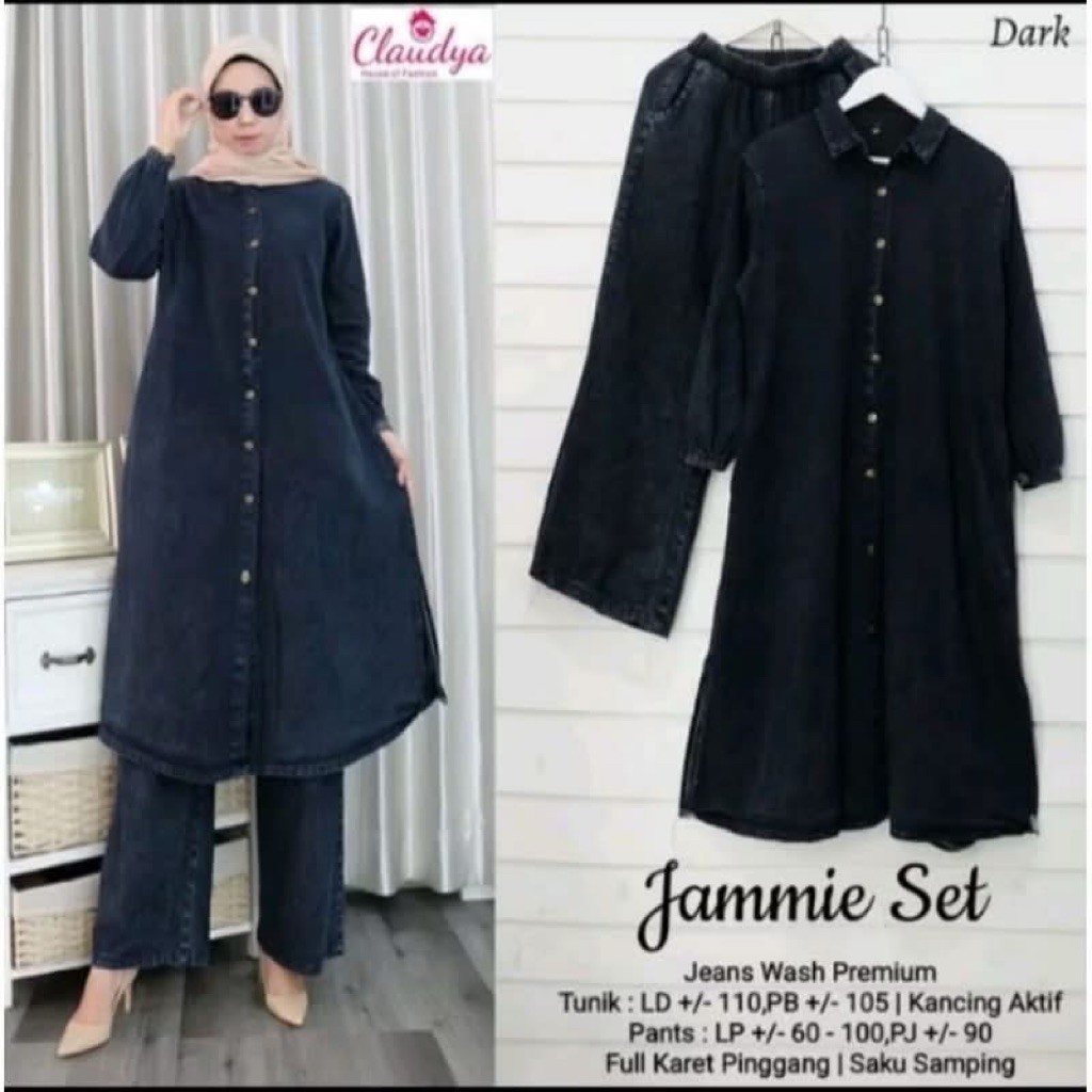 SETELAN TUNIK JEANS / ONESET JAMMIE SET TUNIK TOP CELANA / SETELAN WANITA POLOS JUMBO