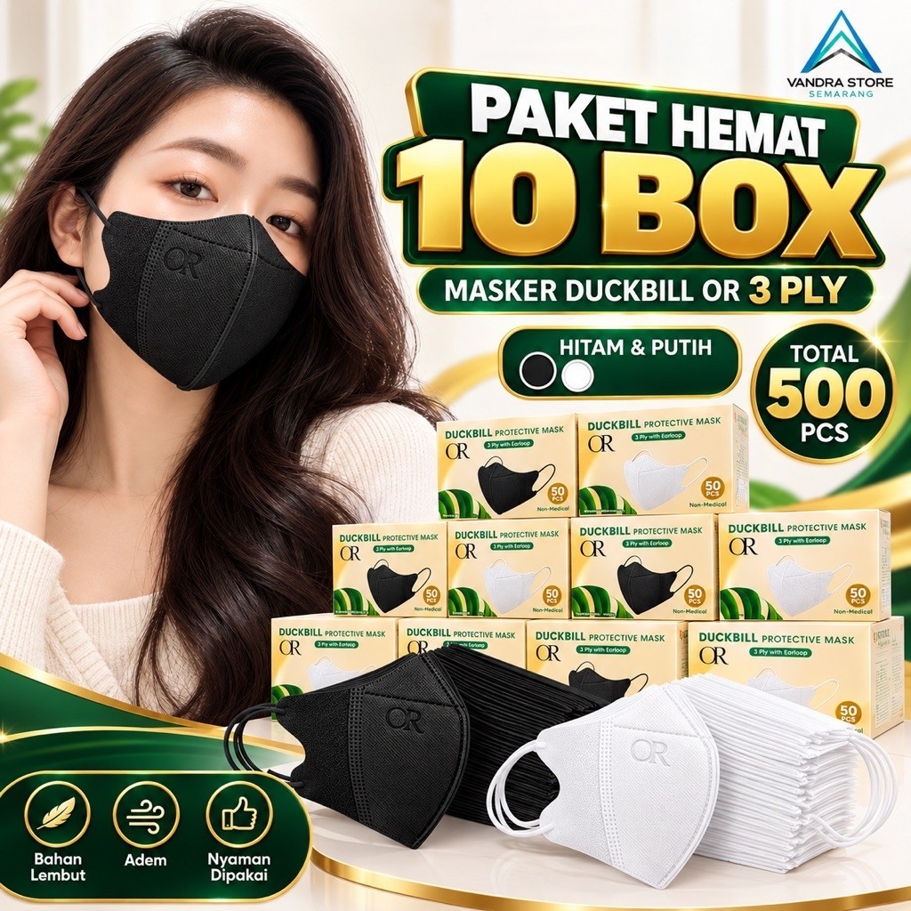 (Paket Hemat 10 Box) Masker Duckbill OR 3 Ply Premium 500 PCS Hitam Putih Lembut Nyaman Harga Grosir