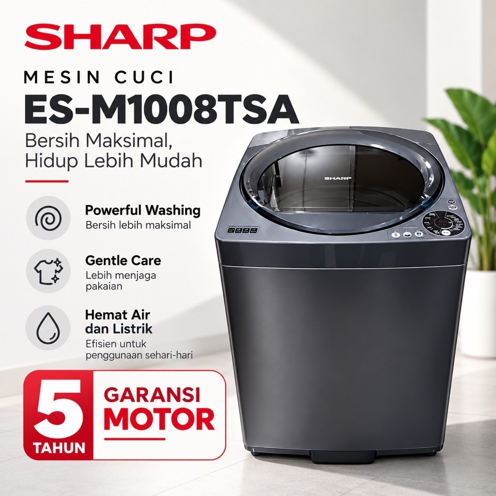 Mesin cuci 1 tabung otomatis 10 Kg Sharp ESM 1008T / 1008 / 10kg