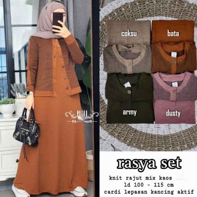 Df319>> Rasya Set Wanita / Gamis Set / Baju Muslim Kancing Dress  Cardigan Kotak Lembut Nyaman Setel