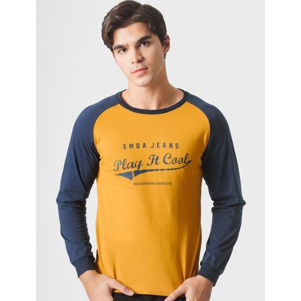 Emba Denim Raglan Kaos Pria Lengan Panjang Regular Baju Bulat Slim Fit