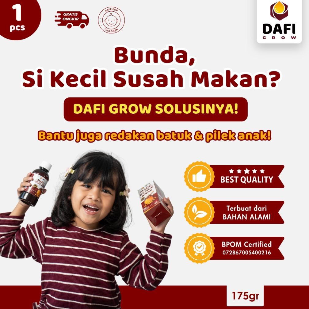 

(Terbaru) DAFI GROW - Madu Penggemuk Anak Multivitamin Penambah Nafsu Makan & Suplemen Daya Tahan Tubuh, 175 gr, Madu Jamu Herbal Solusi Anak Kurus Susah Makan dan GTM, Bikin Anak Lahap Makan, Madu Redakan Batuk dan Pilek Anak (Terlaris)
