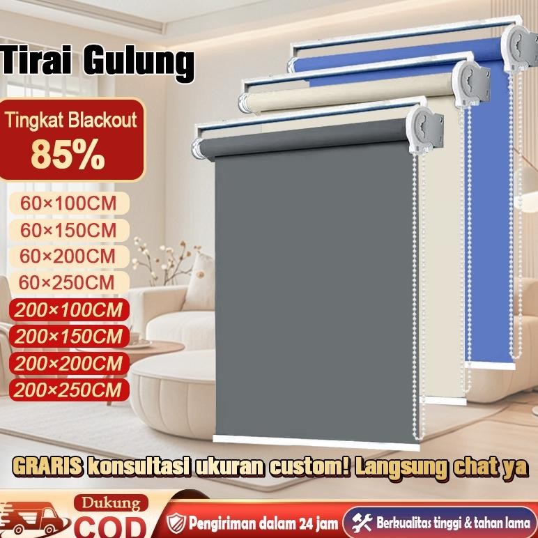 Roller Blind Premium Blackout 85%  Dengan Rel Kepala - Tirai Gulung Kedap Air & Anti UV Terbaik Untu