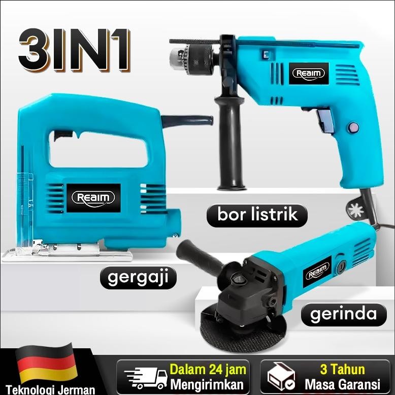 REAIM Bor dan Gerinda dan jigsaw 3 in 1  Mesin Bor Listrik Bor Gerinda Paket Bor dan Gerinda dan jig