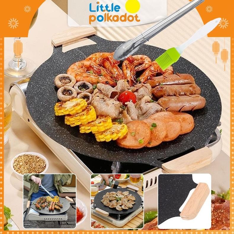Bisa Cod LittlepolkadotPromotion Wooden Handle Alat Panggangan Bbq Grill Pan Korean Wajan Bulat Anti