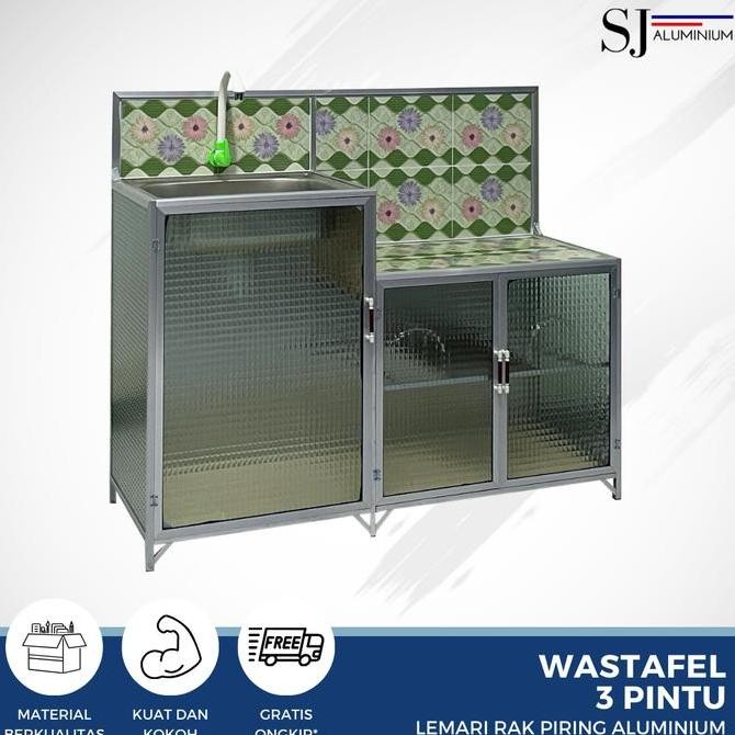 TERBARU Rak Piring Lemari Dapur Kaca Aluminium - Wastafel 3 Pintu