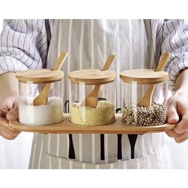 

Zentoples Bumbu Kaca Kayu Rak Bumbu Sendok Kayu Tempat Penyimpanan Bumbu