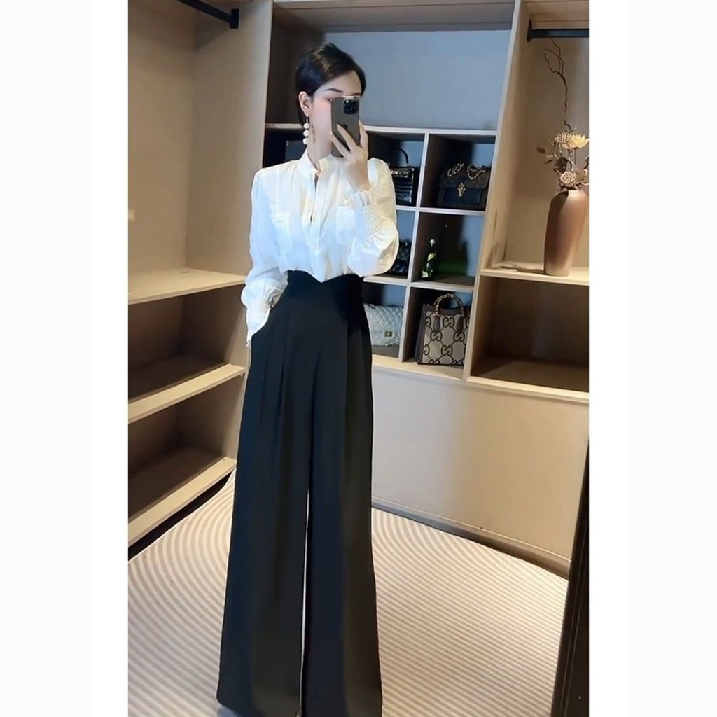 Set atasan wanita dua potong dan celana lebar pinggang tinggi