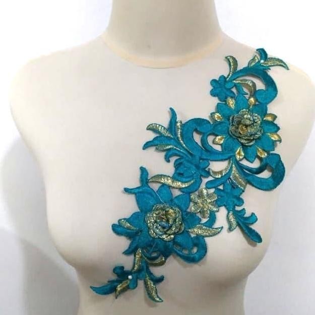 

cusss order] Renda Aplikasi Bordir Tabur / Patch Bordir Bunga Rosa Hijau Toska-Emas