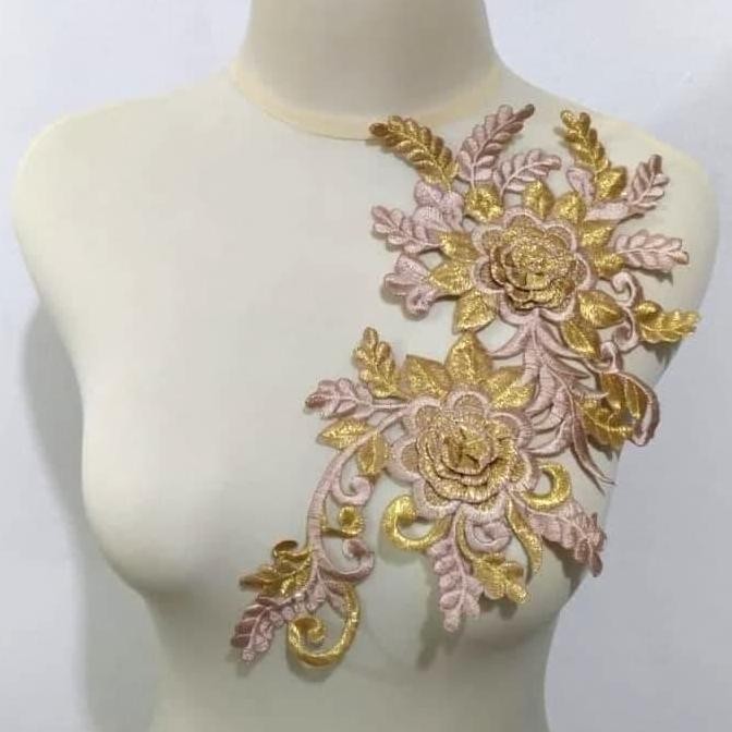 }}}}}}] Renda Aplikasi Bordir Bunga 2 Warna (Coklat Muda-Emas)