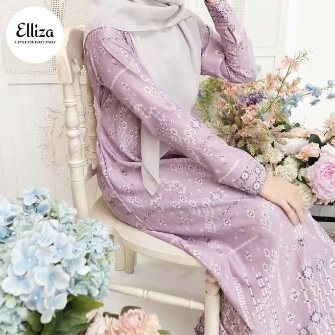 Elliza Official - Aghnia Dress Gamis Silk Print Blue Lilac Busui S-XL
