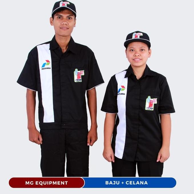 Setelan Baju Celana Seragam SPBU  Pria Wanita Bahan American Drill Merah Hitam Hijau Biru