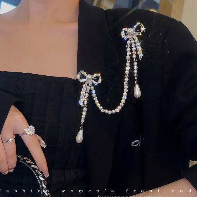 Full Diamond Bow Brooch Tassel Pearl Pin Chain Chest