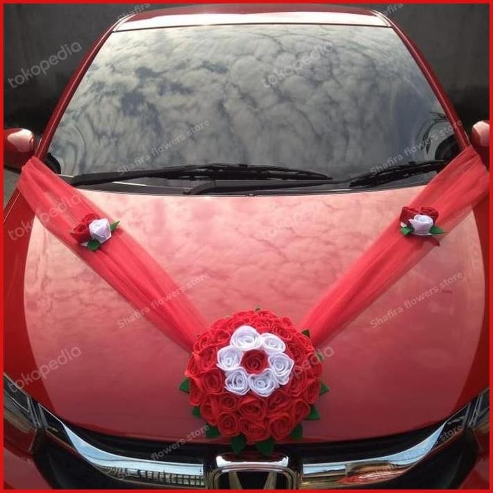 BUKET BUNGA HIASAN MOBIL PENGANTIN FLANEL PUTIH MERAH