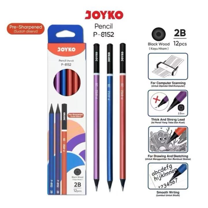 

( 1 PACK ) Pencil Pensil P-8152 METALLIC BLACK WOOD 2B JOYKO 1 Box 12 Pcs