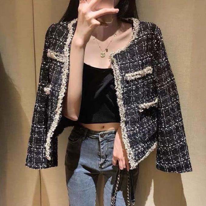 Cardigan Blazer tweed serat lengan panjang motif kotak 22673 HS