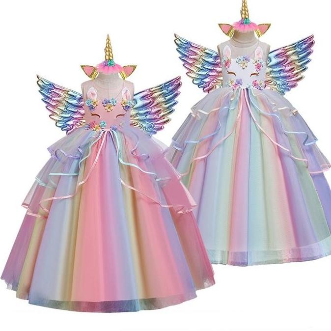3pcs Unicorn Anak Panjang +Wing+Headband Set Halloween Girl Cute Dress Unicorn Princess Dress MS