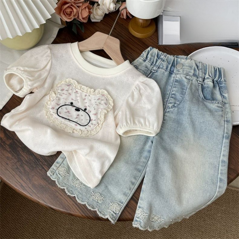 ELF TRIBEMotif Beruang Kaos Lengan Pendek Berongga Untuk Anak Perempuan 2025 Model Tipis Untuk Anak 