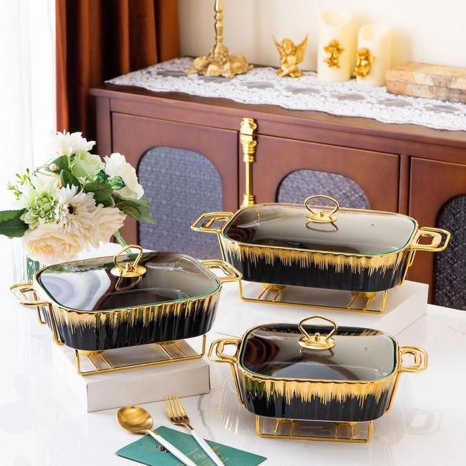 SATUAN PRASMANAN Wadah Saji Lauk Pauk Keramik List Gold Dudukan Besi ES