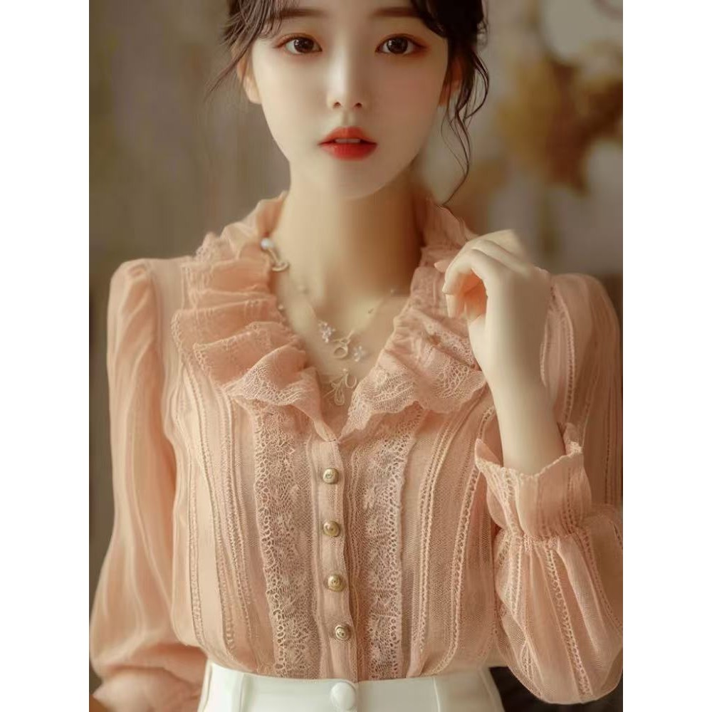 Kemeja Renda Kerah Renda Oranye Pink