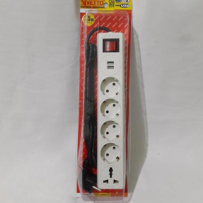 Stop Kontak 4 Lubang+2 Colokan USB+1 Colokan Kaki 3+ Kabel 1,5m VETTO