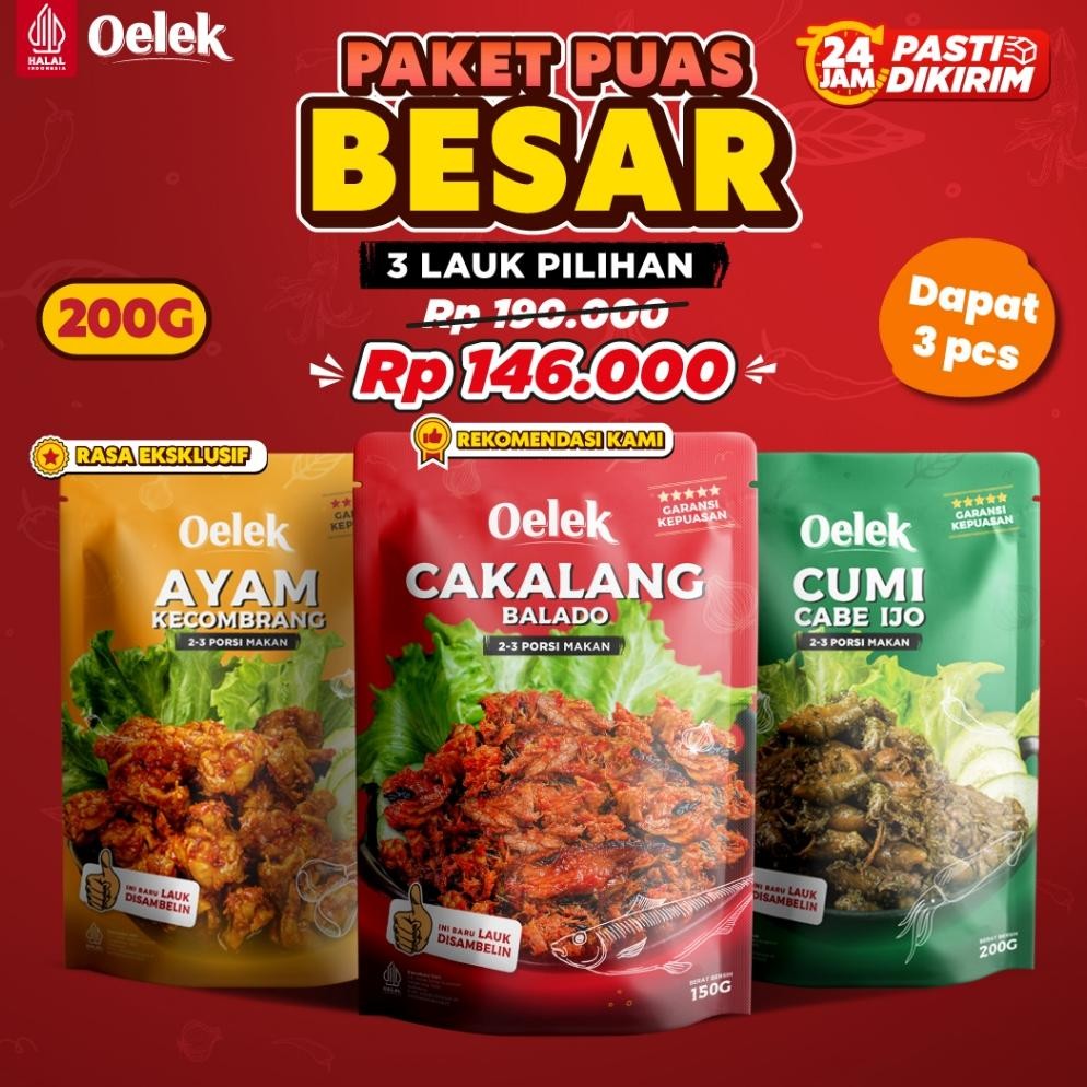 

READY STOK Oelek Paket Puas Besar 3 Lauk Pilihan Cumi Cabe Ijo / Ayam Kecombrang / Cakalang Balado / Lauk Siap Saji / Lauk Pedas Siap kirim