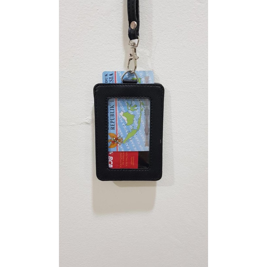 DY16 - ID Card Holder Name Tag Lanyard Kulit Dua Sisi Transparan hitam