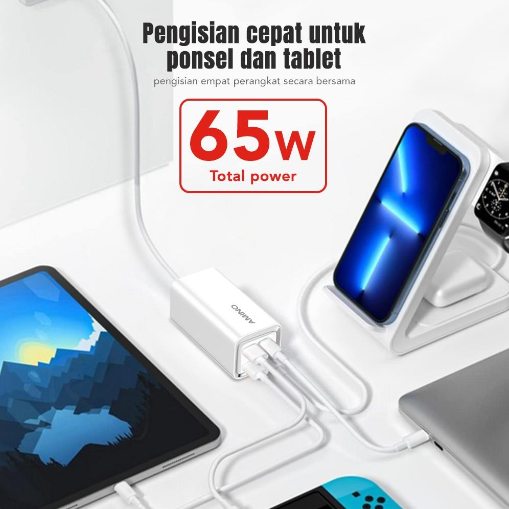 Terlaris Amino 4 In 1 Multi Port Desktop Kepala Pd 65W Usb C Fast Charger Adaptor Power Kabel / Qc 3