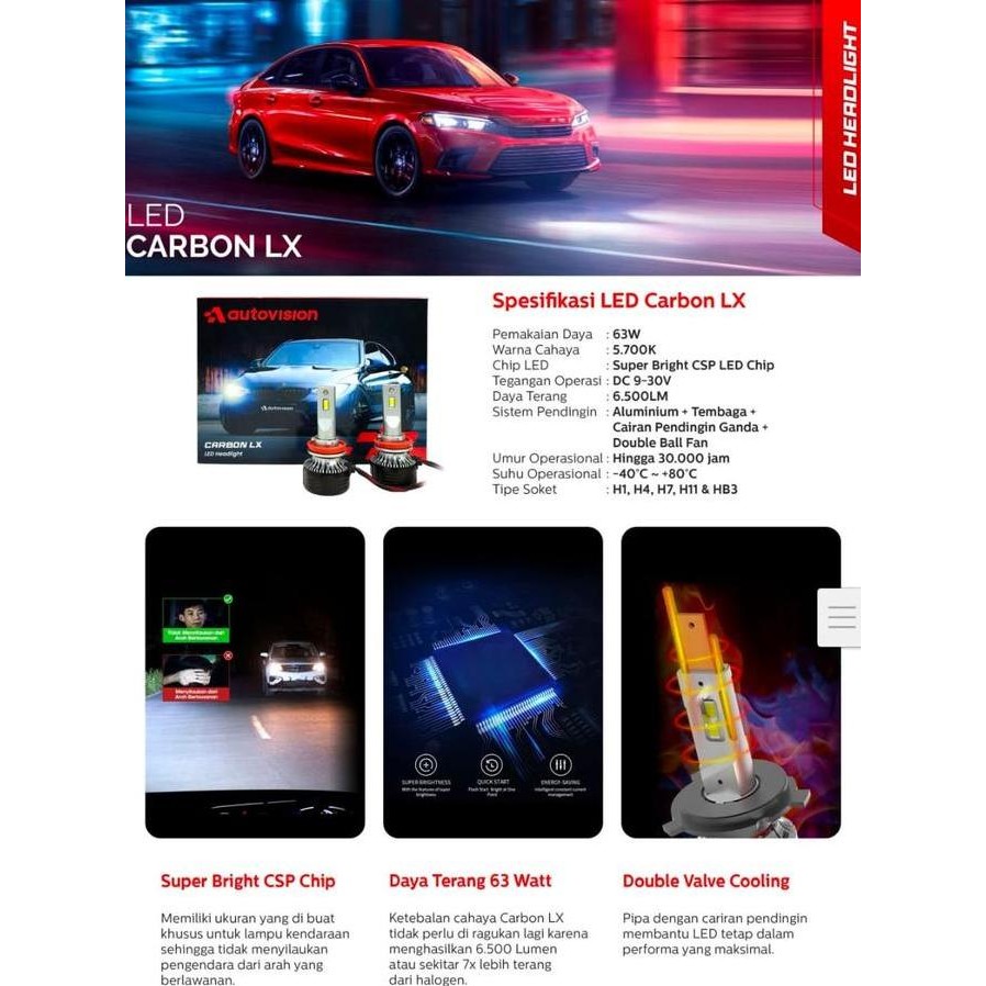Bohlam Lampu LED Mobil Autovision Carbon LX H11 63Watt Headlight 5700K Original