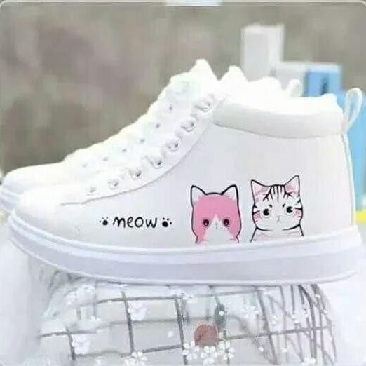 DB16 >> Sepatu Boots Putih Wanita Meow Sepatu Kets Kasual Cewek Putih Kucing