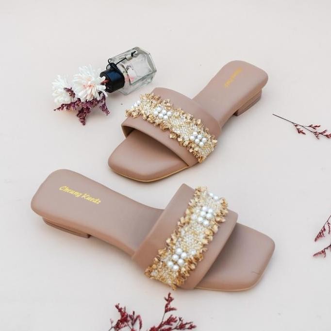 DT109 >> Virginia Sandal Hak 3 Cm Wanita Slop Terbuka Variasi Mutiara