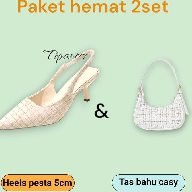 DF269>> Paket Hemat 2 Set Higheels Pesta & Tas Wanita Bahu Cassy - Shoes Hitam Putih Sandal