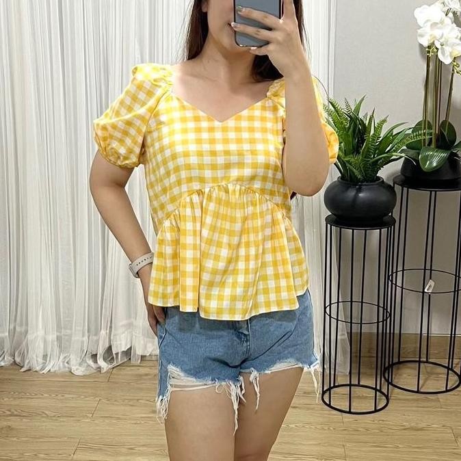 (Victoria Wear House) Ara Top Baju Atasan Lengan Balon Puffy Sleeve Motif Kotak-Kotak Blouse Wanita