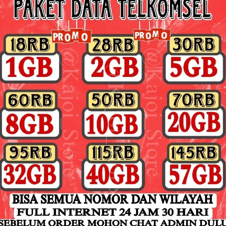 Paket Data Telkomsel Semua Zona Promo 1Gb 2Gb 4Gb 5Gb 10Gb 30Gb 50Gb  Full 24 Jam Masa Aktif 30 Hari