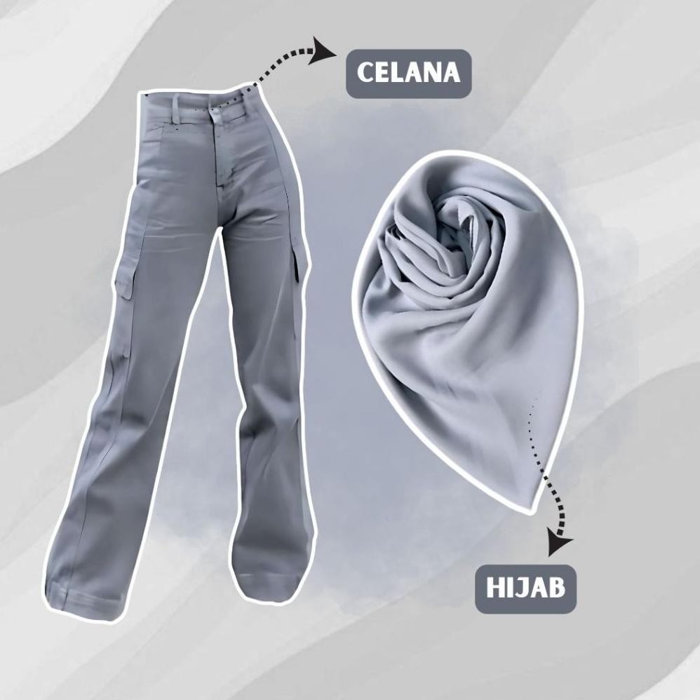 Terlaris One Set 3In1 Kemeja Crop Celana Jeans Cargo Hijab Bella Square | Ootd Outfit Oneset Setelan