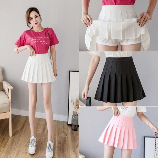 khaefashionWanita Mini Skirt Rok Tennis Celana Pendek Polos Casual Model Lipat Pleated Plain Lisa Bl