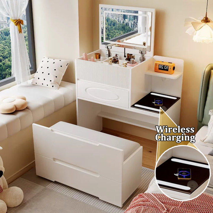 [4In1]Meja Rias Lipat 3Warna LED Cermin Dan Smart Meja Nakas Wireless Charging 60/70/80cm Cahaya Aes