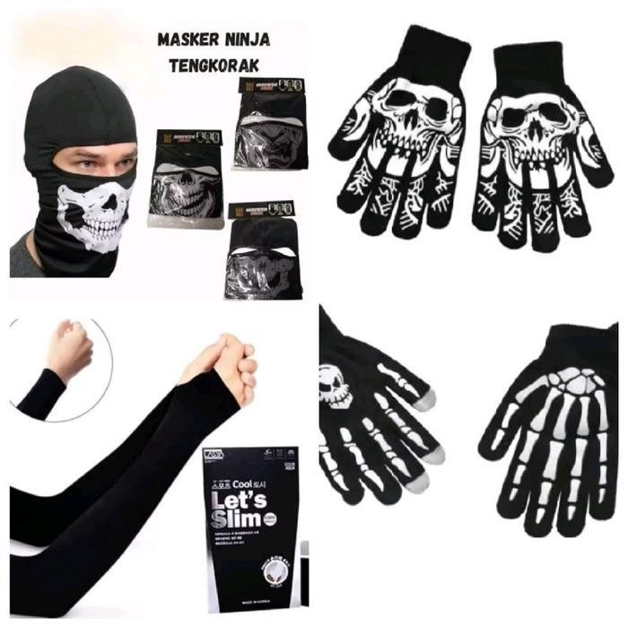 CCS (3,BARANG) paket motoran masker ninjatengkorak fuul ,sarung tangan rajut tengkorak manset jari l