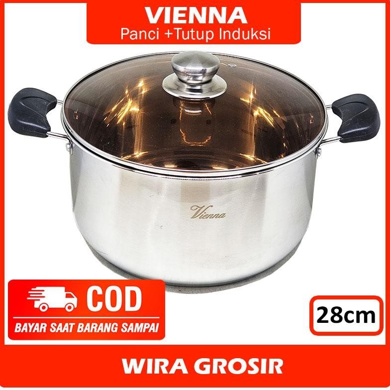 Vienna Panci Stainless Tebal +Tutup Kaca 28cm (bisa untuk kompor listrik induksi) | Casserole Sup
