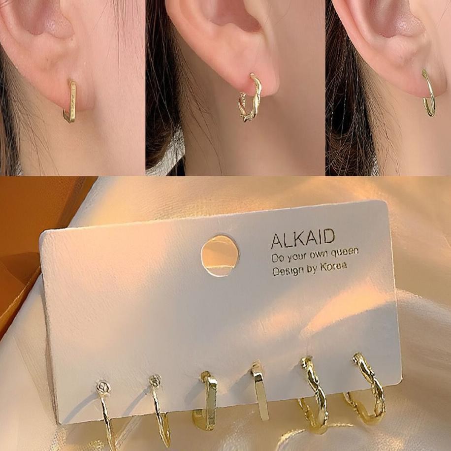 3 Pasang Anting Tindik Mini Anting Bulat Anting Segiempat Kecil At635