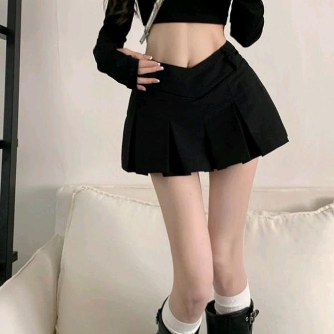 Rok lipit pinggang tinggi gaya Korea rok retro wanita TF