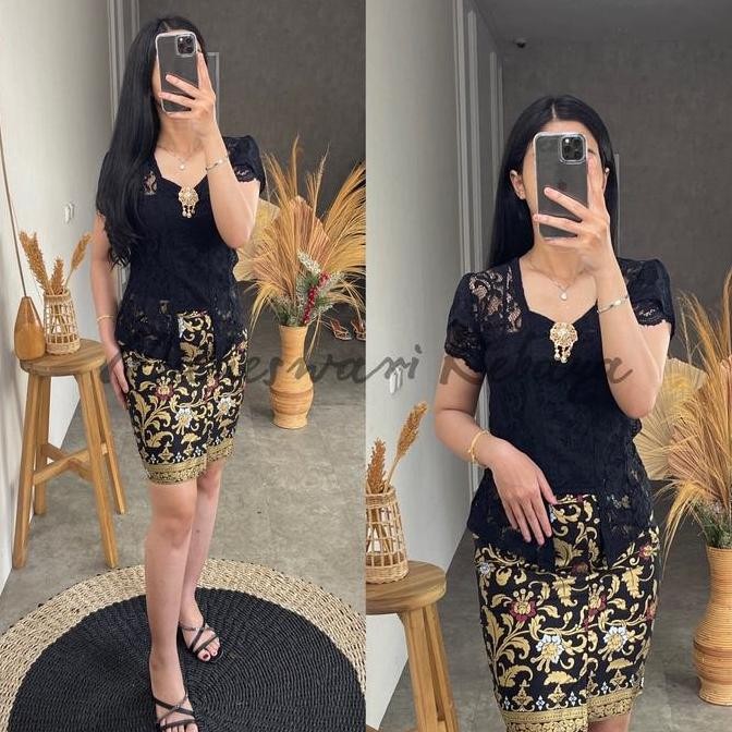 Kebaya Bali Set Brukat Lilit Hitam Rok Pendek