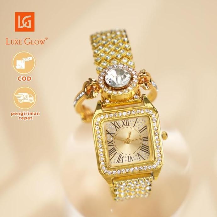 Luxeglow Warna Emas Berkilauan Jam Tangan Koreaelegan Jam Tangan Wanita Anggunoriginal Tali Rantaiwa