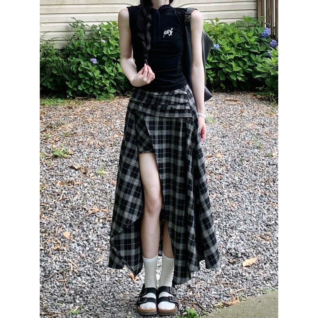 Women's Plaid Skirt2025Summer Irregular Slit