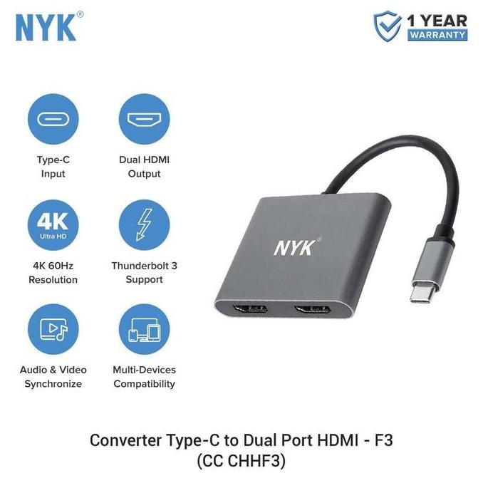NYK Converter Type C to 2 HDMI Adapter USB C to Dual HDMI - F3