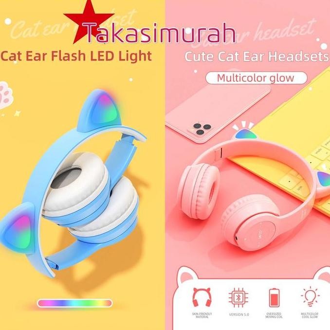 Headphone Headset Bluetooth Wireless Gaming Model Telinga Kucing Lucu