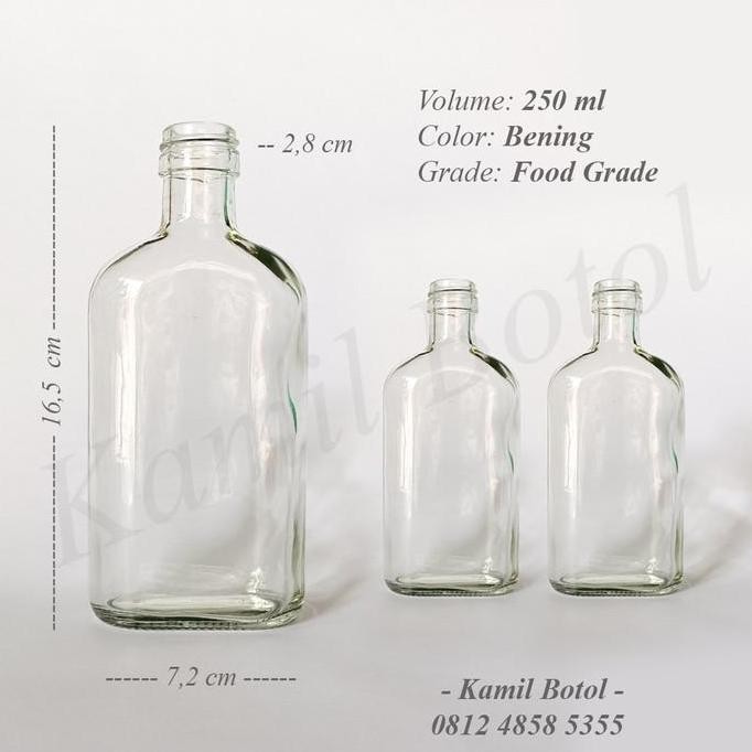 (Good) Botol Kaca Bening Gepeng 250ml BARU Termasuk Tutup