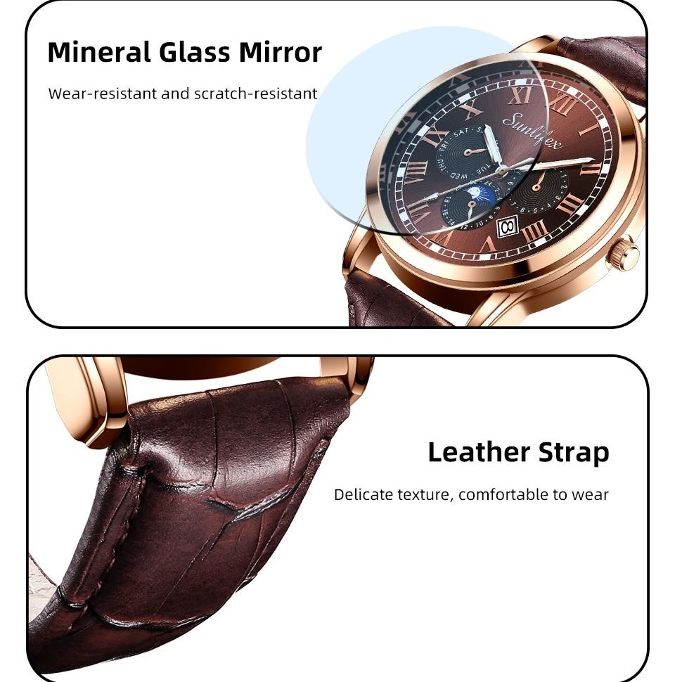 (Good) Sunlifex Jam Tangan Pria 7003 Kalender Kuarsa Santai Bisnis Tali Kulit Jam Tangan Cowok