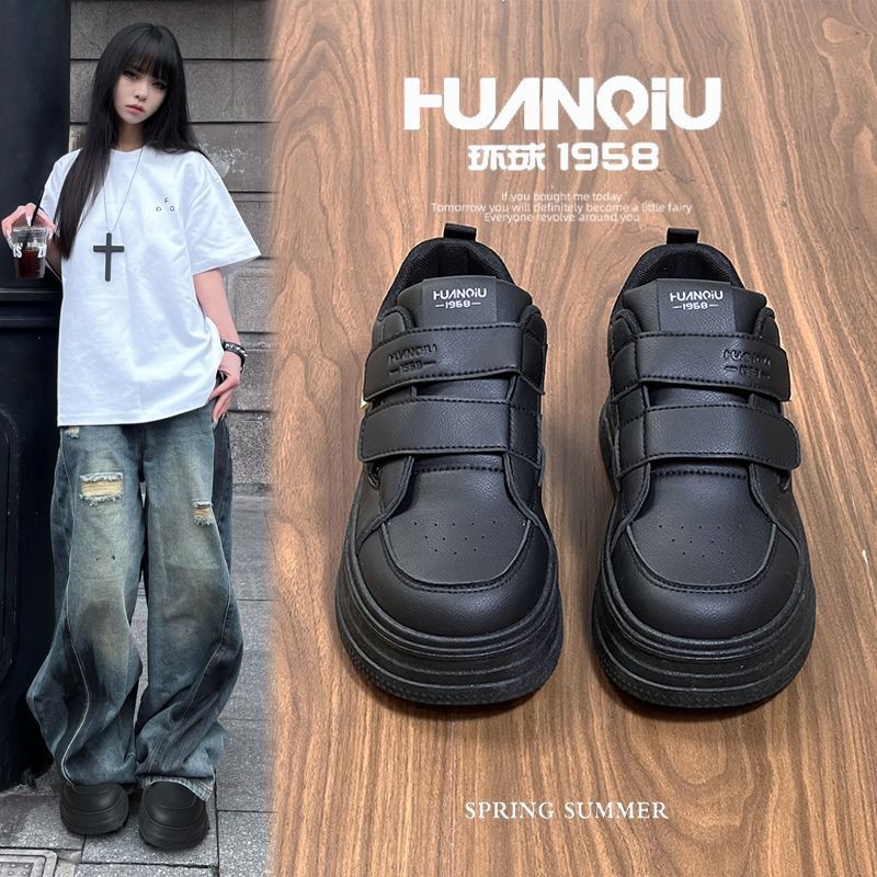 Sepatu Papan Putih Wanita Velcro Bernapas Ringan Dasar Tebal Tinggi